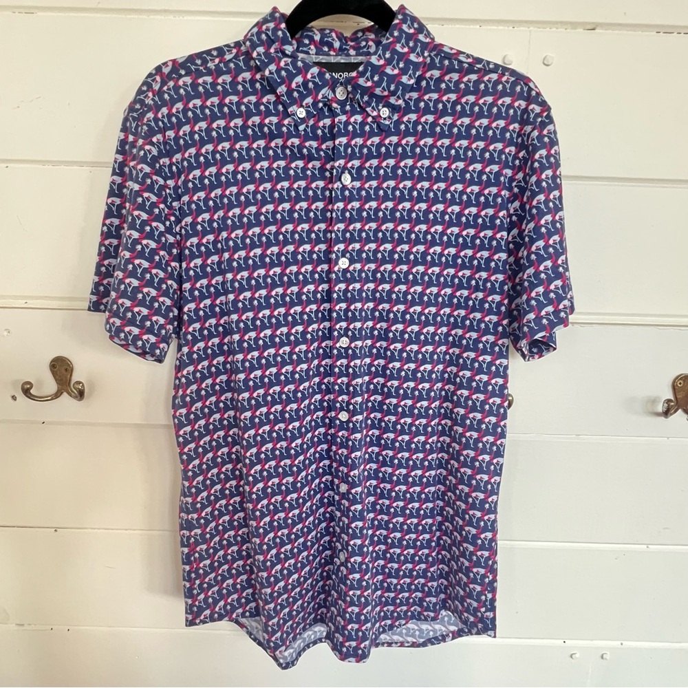 Bonobos Men’s Blue/Pink Flamingos Slim Fit Short Sleeve Button Up Shirt. Size S.
